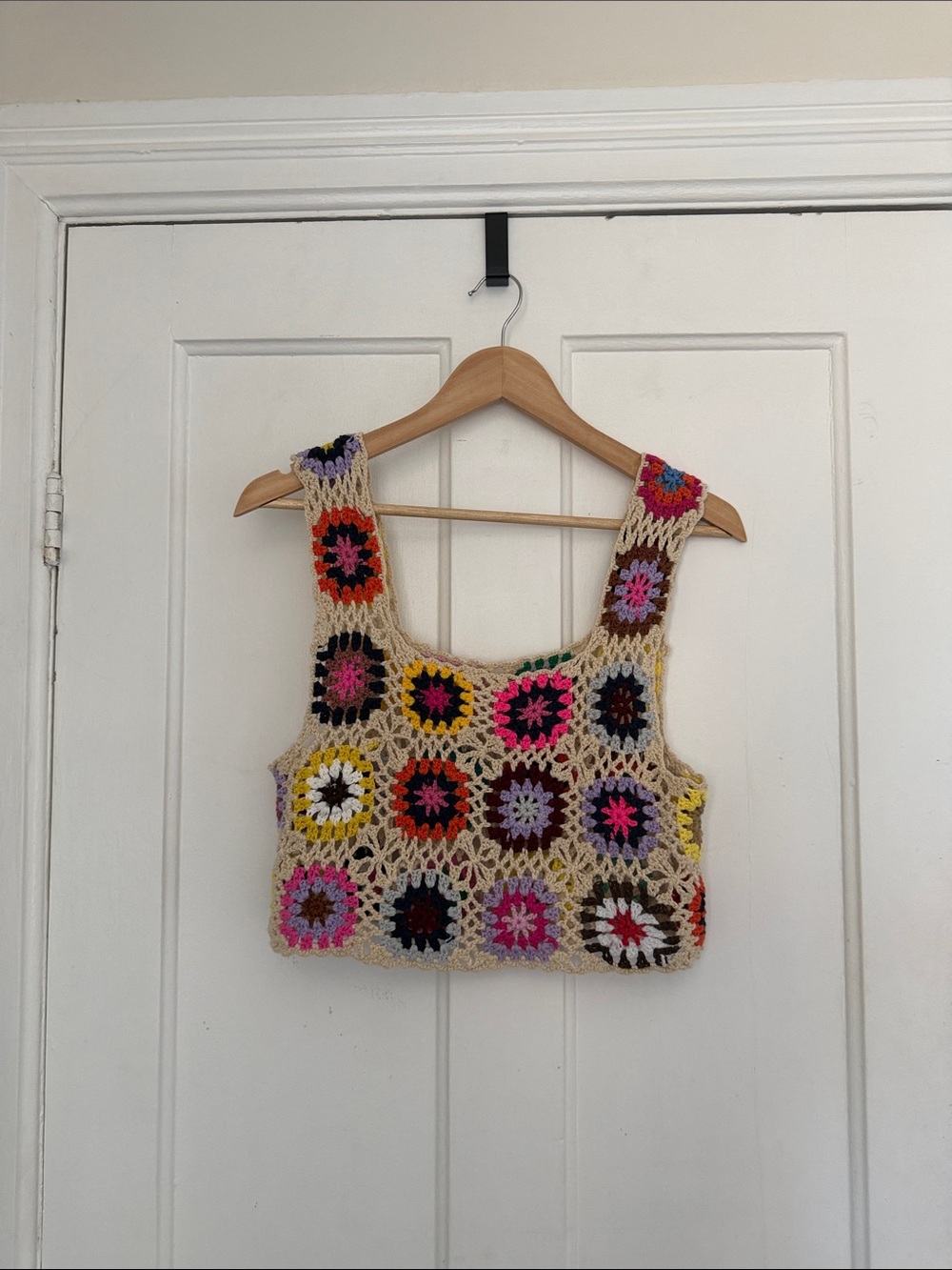 Beige Crochet Square Patch Crop Top with Multicolor Accents